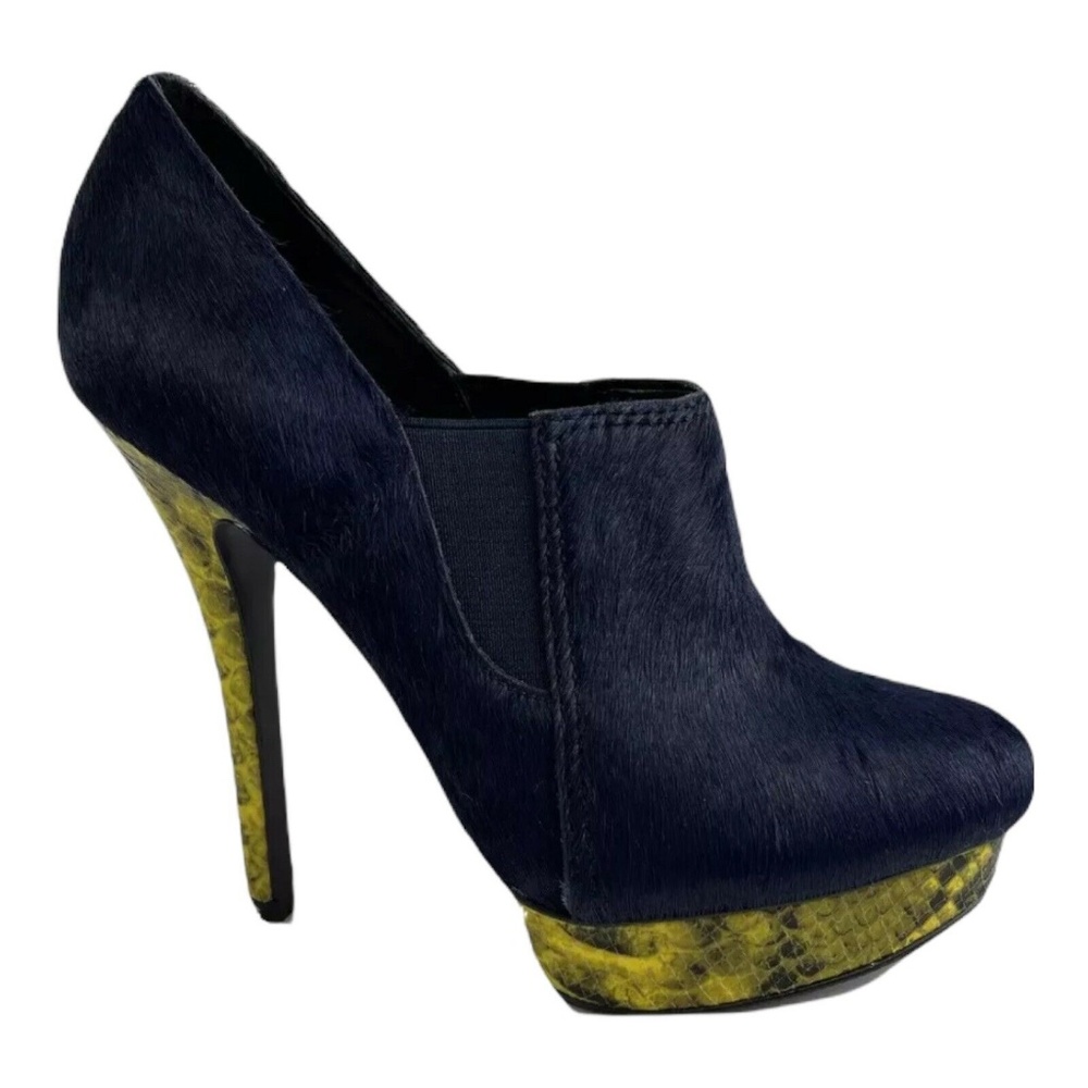 Rachel Roy Navy Fur Platform Ankle Boots Shoes Snake Skin Print Heels Sz. 6M